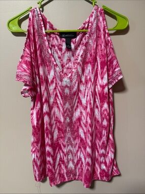 INC International Concepts Pink Tie-Dye V-Neck Cold-Shoulder Top